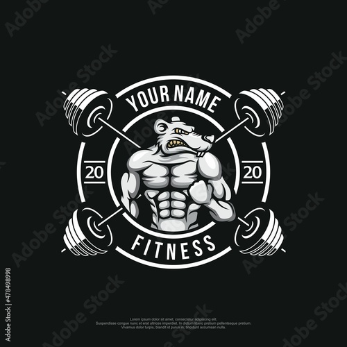 Fitness badge logo with barbell and black and white color