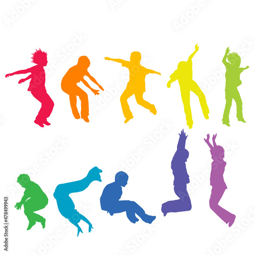 Colored silhouettes of children jumping isolated on white background