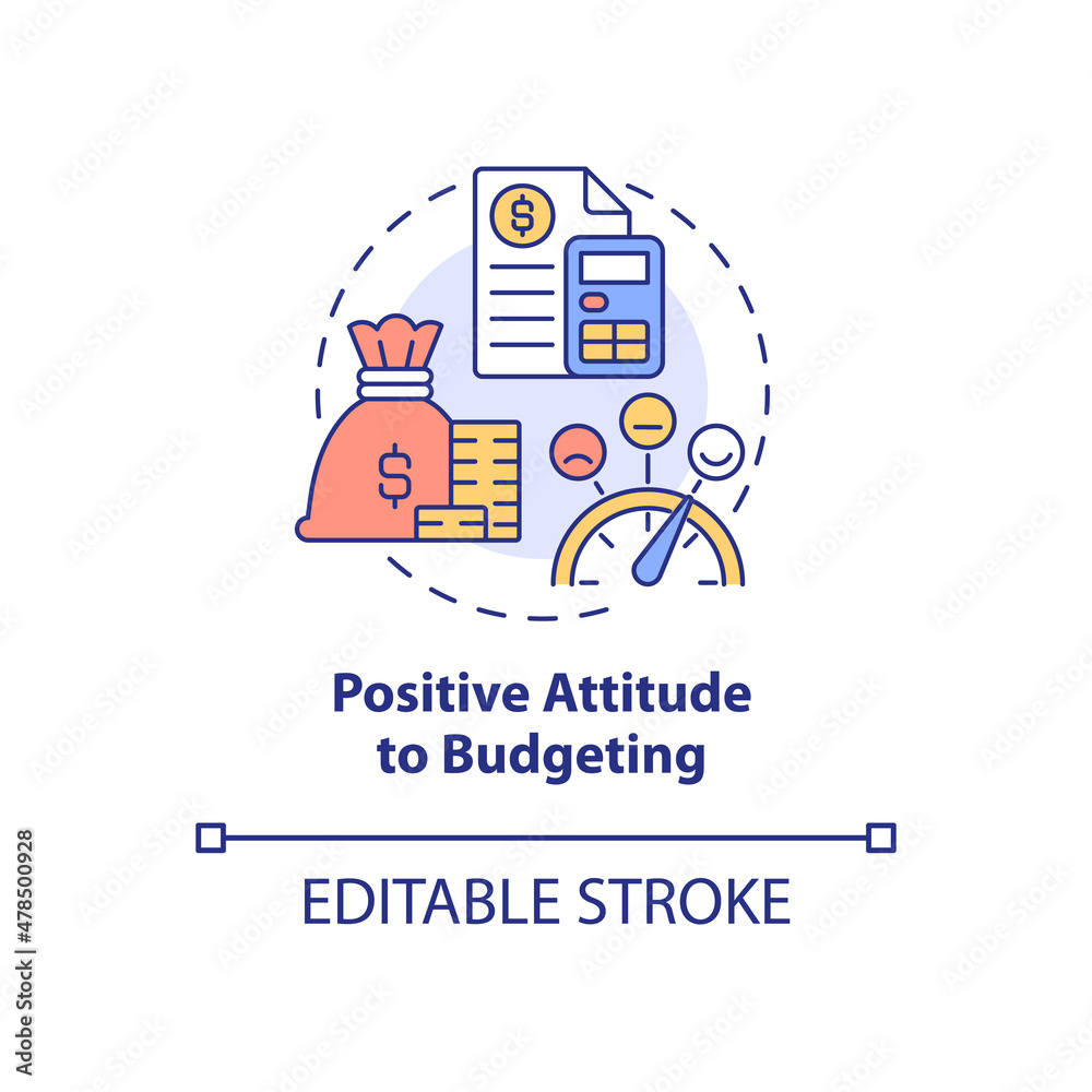 Positive attitude to budgeting concept icon. Organization financial plan abstract idea thin line illustration. Isolated outline drawing. Editable stroke. Roboto-Medium, Myriad Pro-Bold fonts used