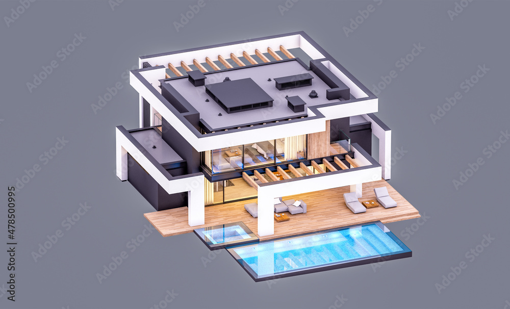 3d rendering of modern cozy house with pool and parking for sale or rent in luxurious style. In the evening. Isolated on gray 3d rendering of modern cozy house with pool and parking for sale or rent in luxurious style. In the evening. Isolated on gray