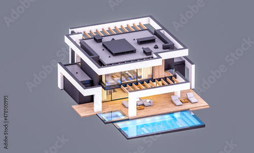 3d rendering of modern cozy house with pool and parking for sale or rent in luxurious style. In the evening. Isolated on gray