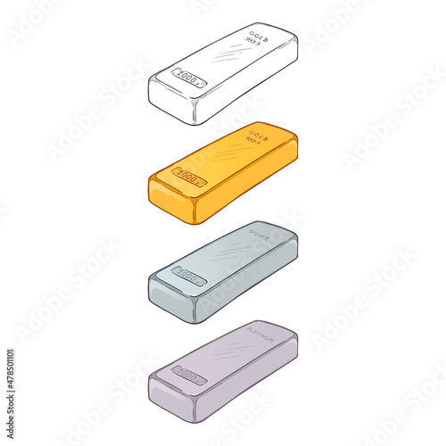 Vector Set of Metal Ingot Illustrations. Gold, Silver and Platinum Bullion on White Background.