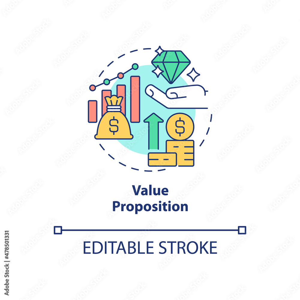 Value proposition concept icon. Company budgeting method. Valued targets abstract idea thin line illustration. Isolated outline drawing. Editable stroke. Roboto-Medium, Myriad Pro-Bold fonts used