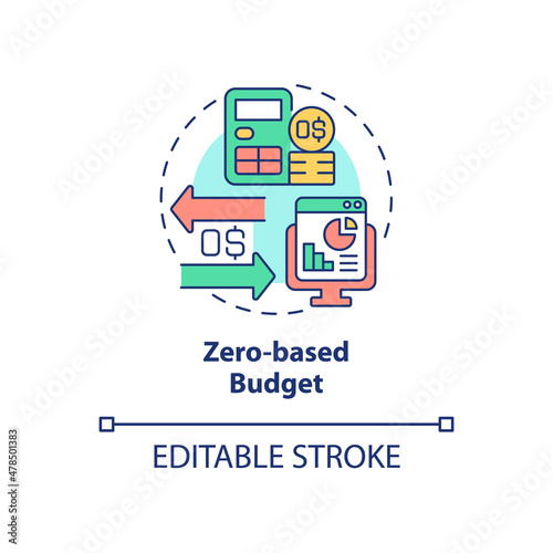 Zero-based budget concept icon. Corporate budgeting approach abstract idea thin line illustration. Isolated outline drawing. Editable stroke. Roboto-Medium, Myriad Pro-Bold fonts used