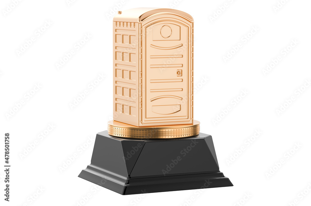 Mobile portable plastic toilet golden award concept. 3D rendering Mobile portable plastic toilet golden award concept. 3D rendering