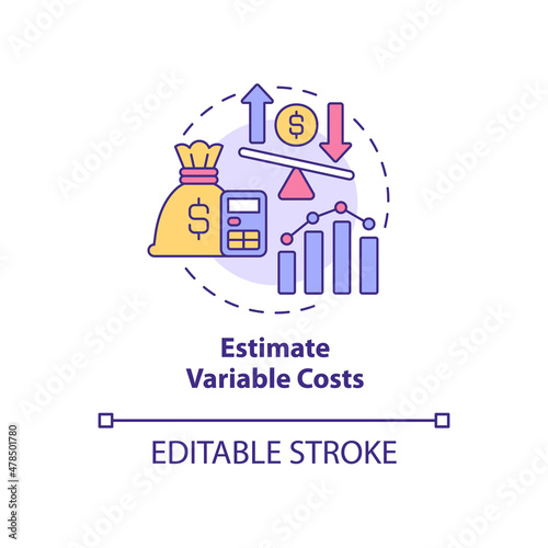 Estimate variable costs concept icon. Proportional growth. Startup budgeting abstract idea thin line illustration. Isolated outline drawing. Editable stroke. Roboto-Medium, Myriad Pro-Bold fonts used