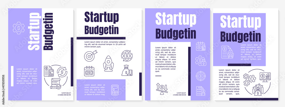 Startup budgeting purple brochure template. Financial planning. Booklet print design with linear icons. Vector layouts for presentation, annual reports, ads. Anton, Lato-Regular fonts used