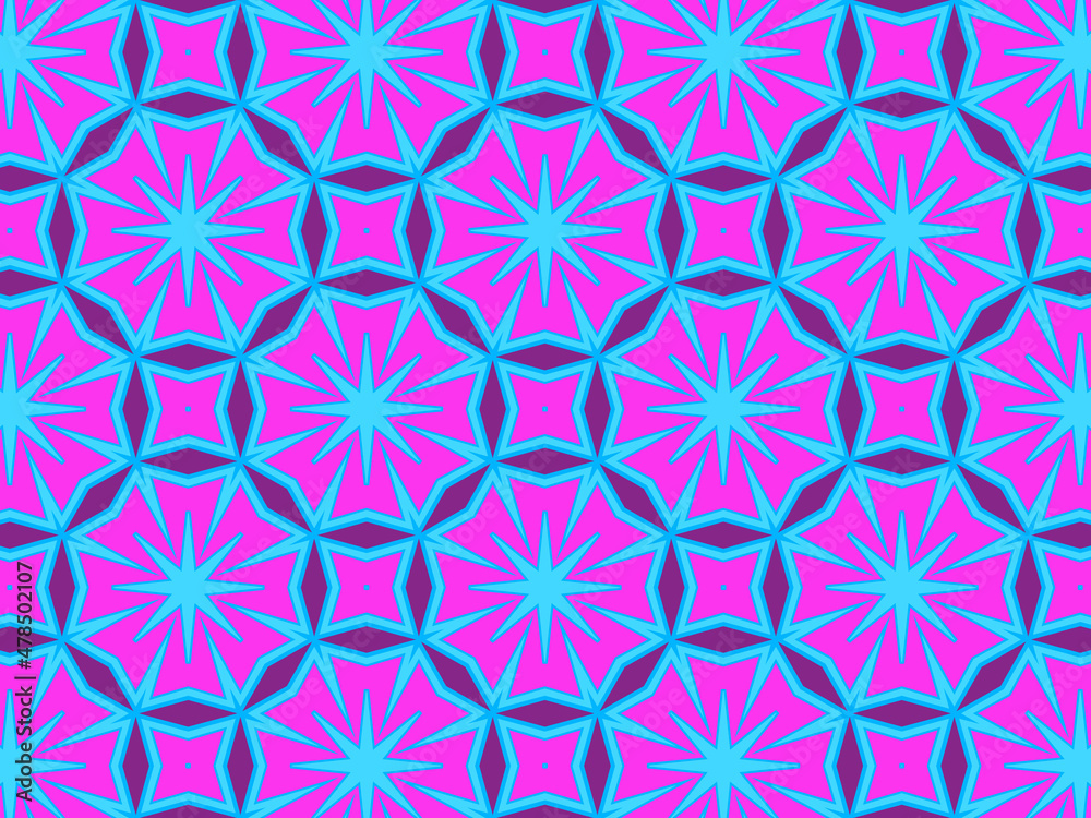 Fototapeta premium Modern geometric pattern in purple, magenta, orange, and blue colors. Bright kaleidoscopic print for fabric design, wrapping paper, stationery. Repeating textile pattern with snowflakes.