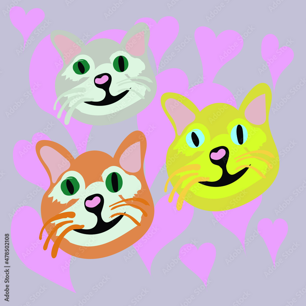 cat collection in various color, cat smiling in different color, kitty head bundle