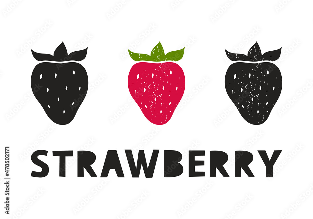 Strawberry, silhouette icons set with lettering. Imitation of stamp