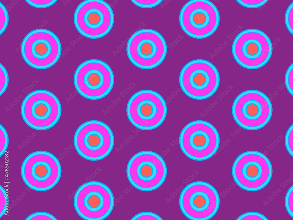Modern geometric pattern in purple, magenta, orange, and blue colors. Bright kaleidoscopic print for fabric design, wrapping paper, stationery. Repeating textile pattern with circles.