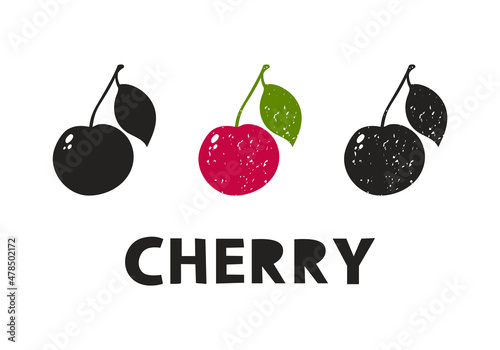 Cherry, silhouette icons set with lettering. Imitation of stamp, print with scuffs. Simple black shape and color vector illustration. Hand drawn isolated elements on white background