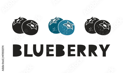 Blueberry, silhouette icons set with lettering. Imitation of stamp, print with scuffs. Simple black shape and color vector illustration. Hand drawn isolated elements on white background