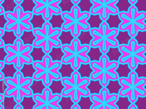 Modern geometric pattern in purple, magenta, orange, and blue colors. Bright kaleidoscopic print for fabric design, wrapping paper, stationery. Repeating textile pattern with snowflakes.