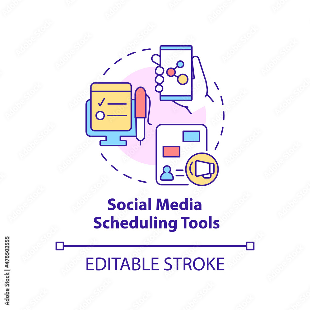 Social media scheduling tools concept icon. Marketing strategy abstract idea thin line illustration. Isolated outline drawing. Editable stroke. Roboto-Medium, Myriad Pro-Bold fonts used Social media scheduling tools concept icon. Marketing strategy abstract idea thin line illustration. Isolated outline drawing. Editable stroke. Roboto-Medium, Myriad Pro-Bold fonts used