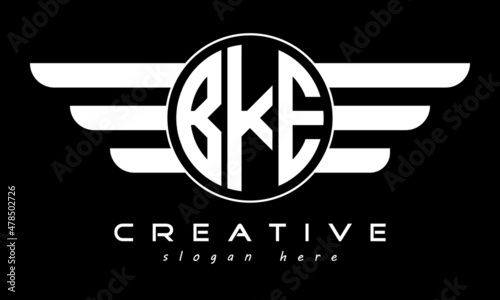 BKE three letter monogram type circle letter logo with wings vector template. photo