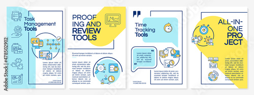 Business technology tools yellow and blue brochure template. Booklet print design with linear icons. Vector layouts for presentation, annual reports, ads. Arial-Black, Myriad Pro-Regular fonts used