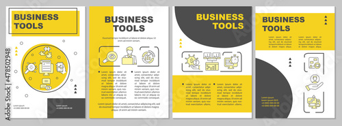 Business tools for entrepreneurs yellow brochure template. Booklet print design with linear icons. Vector layouts for presentation, annual reports, ads. Arial-Black, Myriad Pro-Regular fonts used