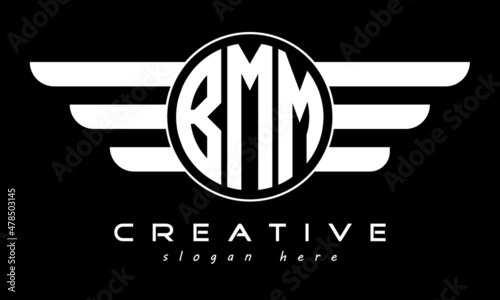 BMM three letter monogram type circle letter logo with wings vector template.