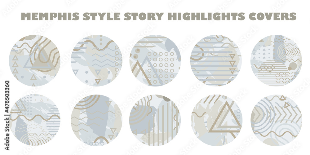 Neutral color beige vector Memphis design style social media story highlight covers. Fun hand drawn icons with hand drawn paint brush strokes,triangles,waves,zigzag shapes. Abstract round buttons.