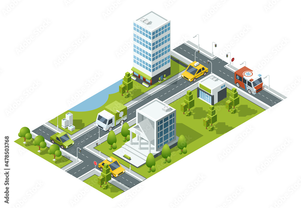 Isometric city map. Urban landscape with buildings and transport Stock ...