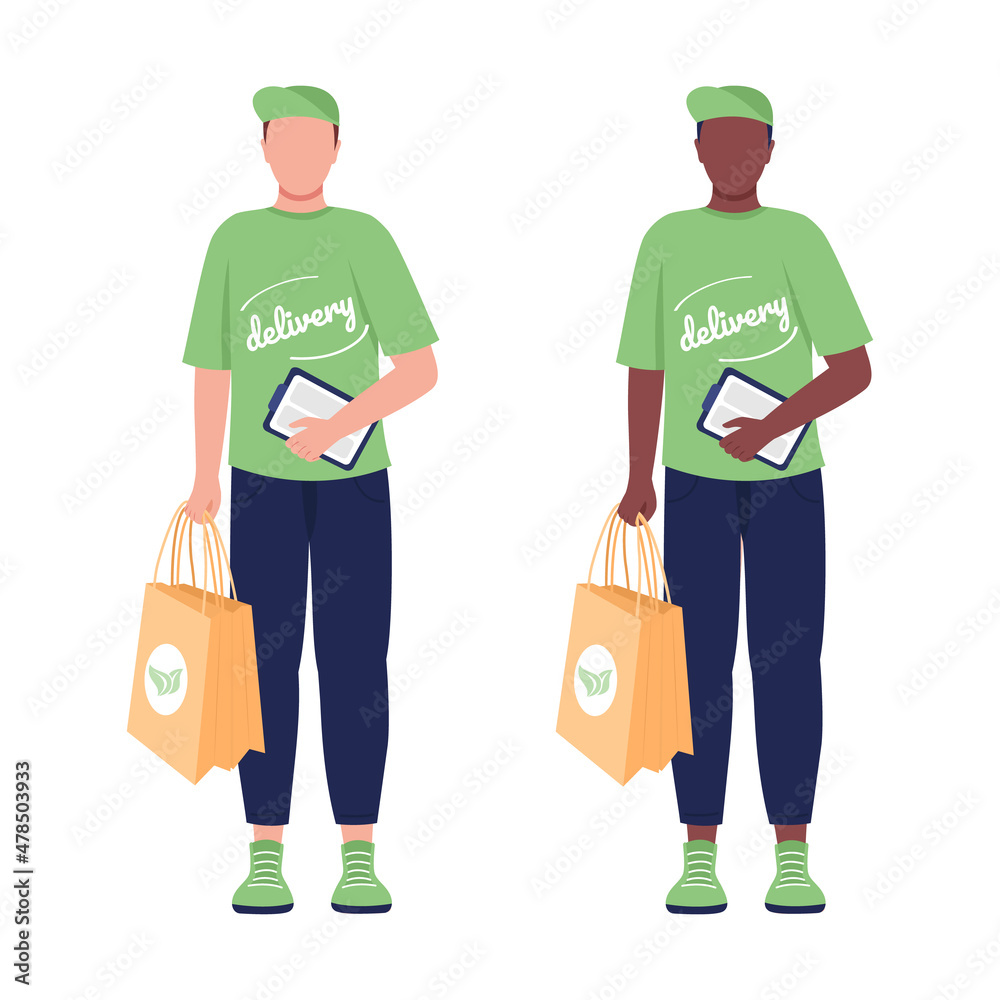 Delivery man with eco package semi flat color vector character set. Posing figure. Full body people on white. Order isolated modern cartoon style illustration for graphic design and animation bundle Delivery man with eco package semi flat color vector character set. Posing figure. Full body people on white. Order isolated modern cartoon style illustration for graphic design and animation bundle