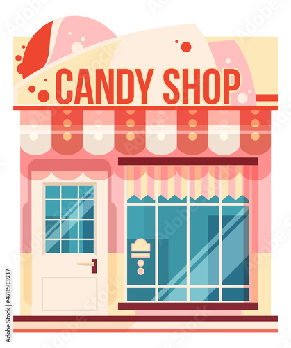Candy shop. Cartoon city building. Store front