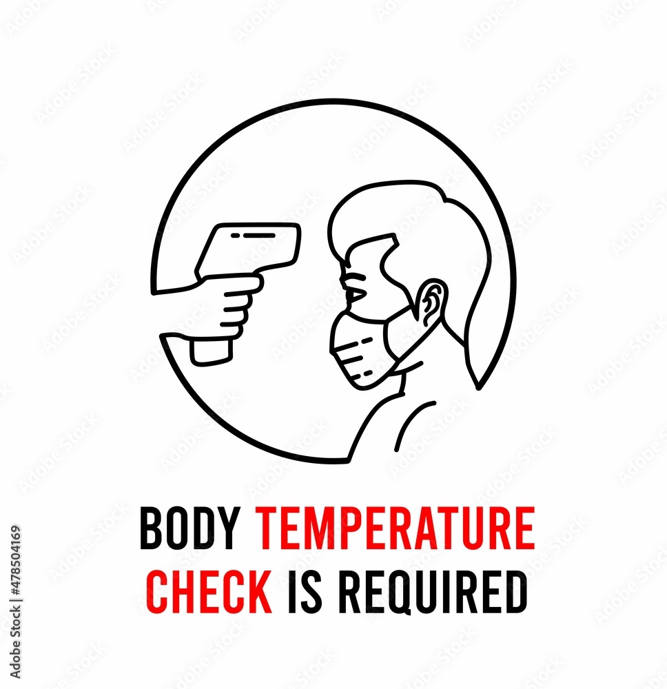 Fever check vector line illustration. Body temperature check required