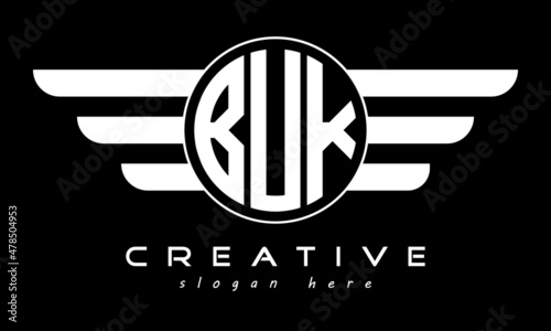 BUK three letter monogram type circle letter logo with wings vector template.