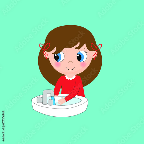 Girl washes his hands with soap. Daily Routine
