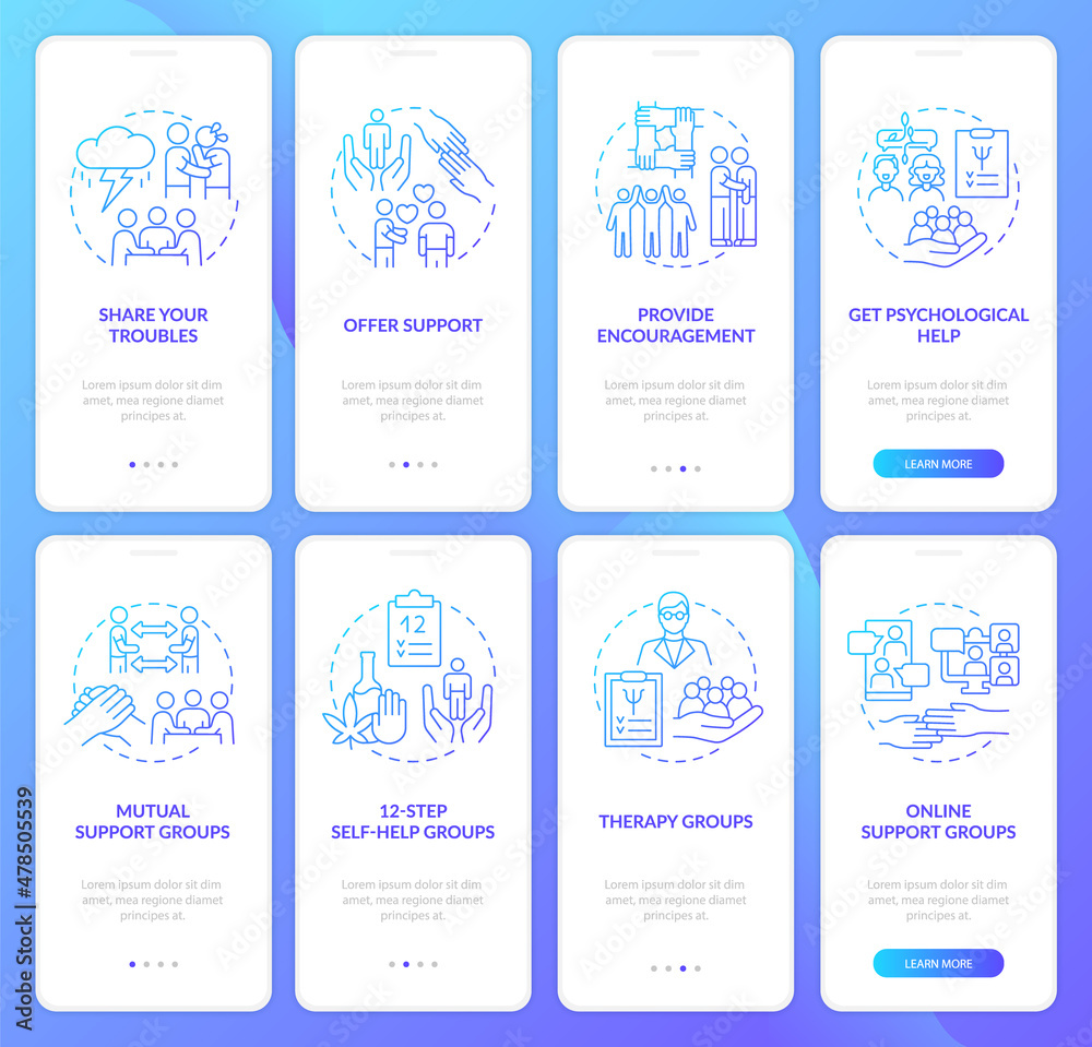 Psychological support blue gradient onboarding mobile app screen set. Walkthrough 4 steps graphic instructions pages with linear concepts. UI, UX, GUI template. Myriad Pro-Bold, Regular fonts used