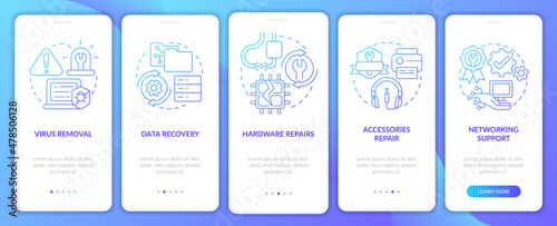 Types of repairs blue gradient onboarding mobile app screen. Walkthrough 5 steps graphic instructions pages with linear concepts. UI, UX, GUI template. Myriad Pro-Bold, Regular fonts used