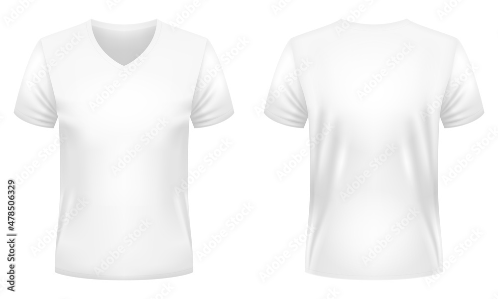 Blank white V-neck t-shirt template. Front and back views. Vector  illustration. Stock Vector