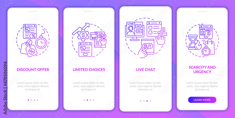 Landing page strategies purple gradient onboarding mobile app screen. Ads walkthrough 4 steps graphic instructions pages with linear concepts. UI, UX, GUI template. Myriad Pro-Bold, Regular fonts used