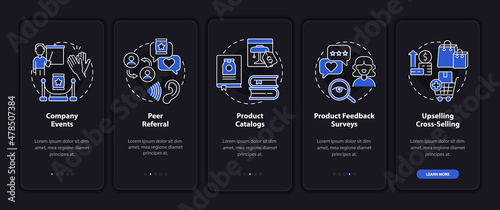 Customer touchpoints night mode onboarding mobile app screen. Walkthrough 5 steps graphic instructions pages with linear concepts. UI  UX  GUI template. Myriad Pro-Bold  Regular fonts used