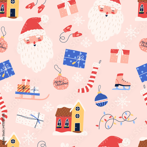 Vintage Christmas seamless pattern - flat vector illustration on pink background. Great for wrapping paper and greeting card. Santa Claus, sleigh, gift, ornament and winter house.