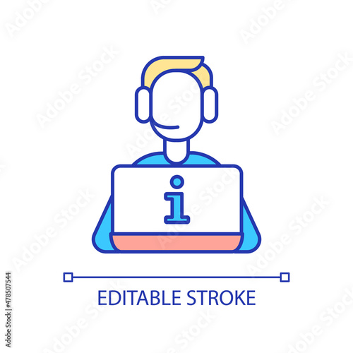 Customer support agent RGB color icon. Providing information. Customers service assistant. Call center job. Isolated vector illustration. Simple filled line drawing. Editable stroke. Arial font used