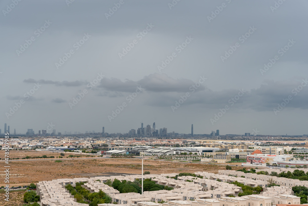 Dubai, United Arab Emirates – January 01, 2022, The Dubai skyline view for top of the building from Dubai Silicon Oasis (DSO) at rainy day