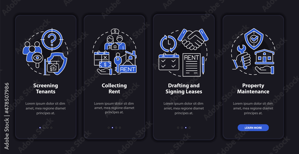 Property manager job night mode onboarding mobile app screen. Works walkthrough 4 steps graphic instructions pages with linear concepts. UI, UX, GUI template. Myriad Pro-Bold, Regular fonts used