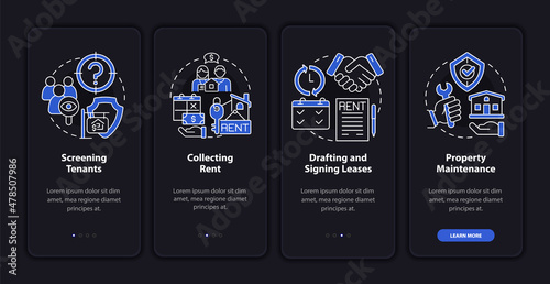 Property manager job night mode onboarding mobile app screen. Works walkthrough 4 steps graphic instructions pages with linear concepts. UI  UX  GUI template. Myriad Pro-Bold  Regular fonts used