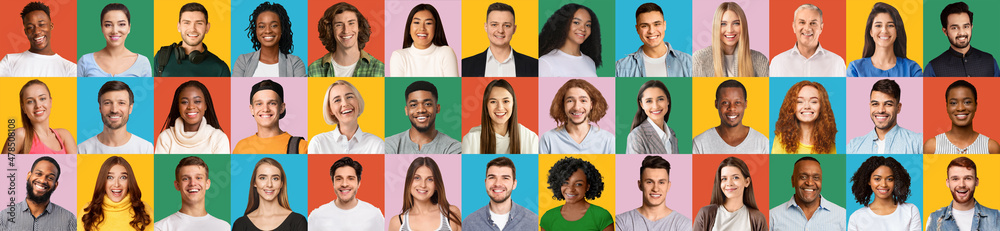 Fototapeta premium Happy multiracial people faces on diverse backgrounds, collage