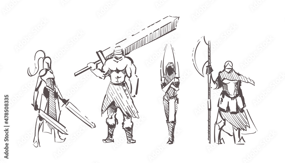 Sketch drawing of warriors with different weapons vector illustration ...