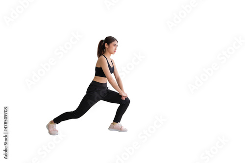 A Southeast Asian woman in black workout clothes stretching before exercising. isolated on a white background