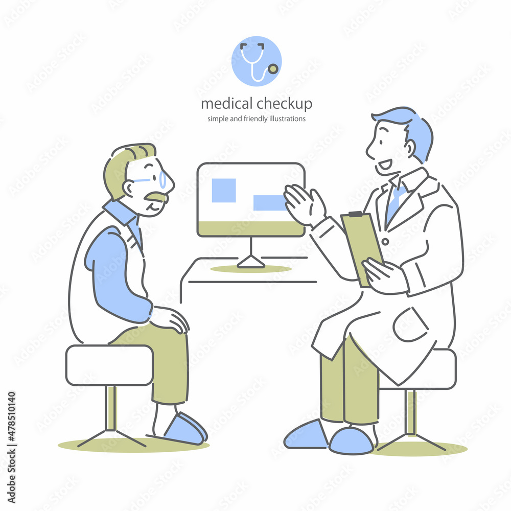 高齢男性の患者に説明する男性医師　シンプルでお洒落な線画イラスト