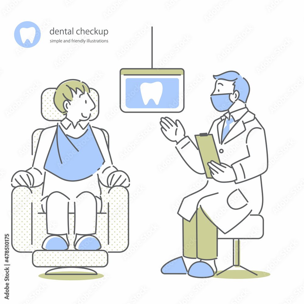 成人男性患者に説明する歯科医　シンプルでお洒落な線画イラスト