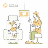 子供に歯磨き指導をする歯科衛生士　シンプルでお洒落な線画イラスト