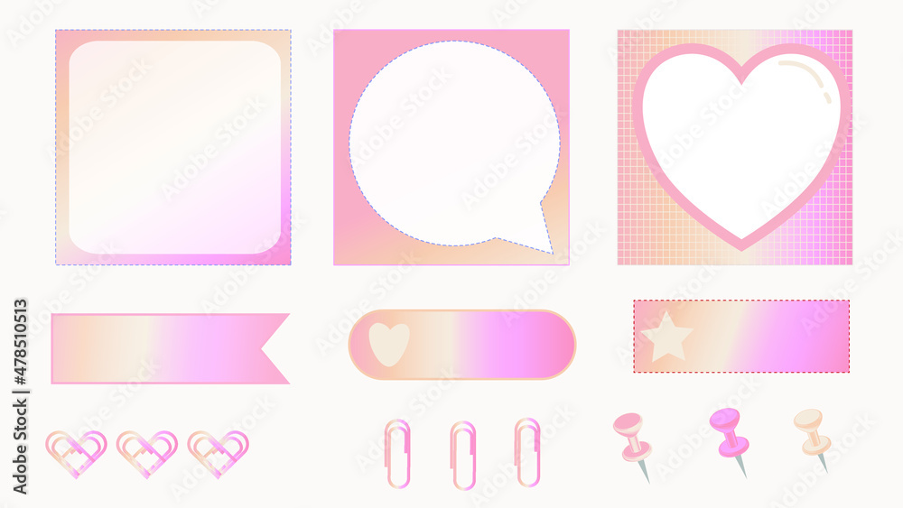collection set of colorful gradient memo, notepad, paper, reminders, post note, planner, checklist paper, pad, sticky note, paper clip, pin. cute, simple, and printable
