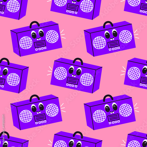 Vector seamless pattern with funny cartoon boombox character. Psychedelic comic radio with crazy smile. Colorful retro music receiver background for print, fabric, wrapping paper