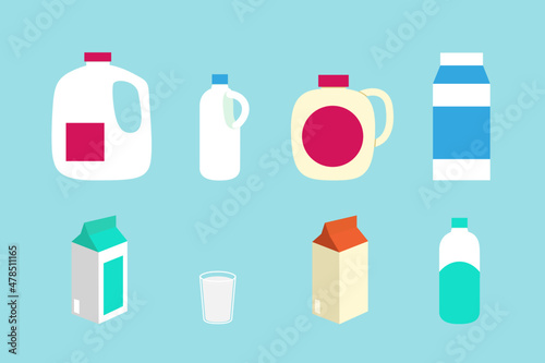 Various milk in container collection via glass, boxes and bottles