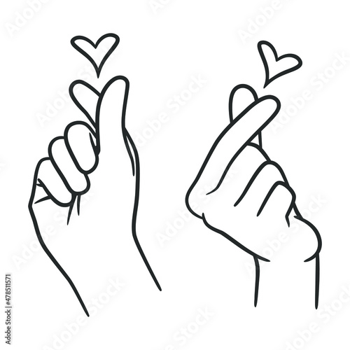 Hand with fingers in heart shape. Cute finger hearth gesture. Saranghae